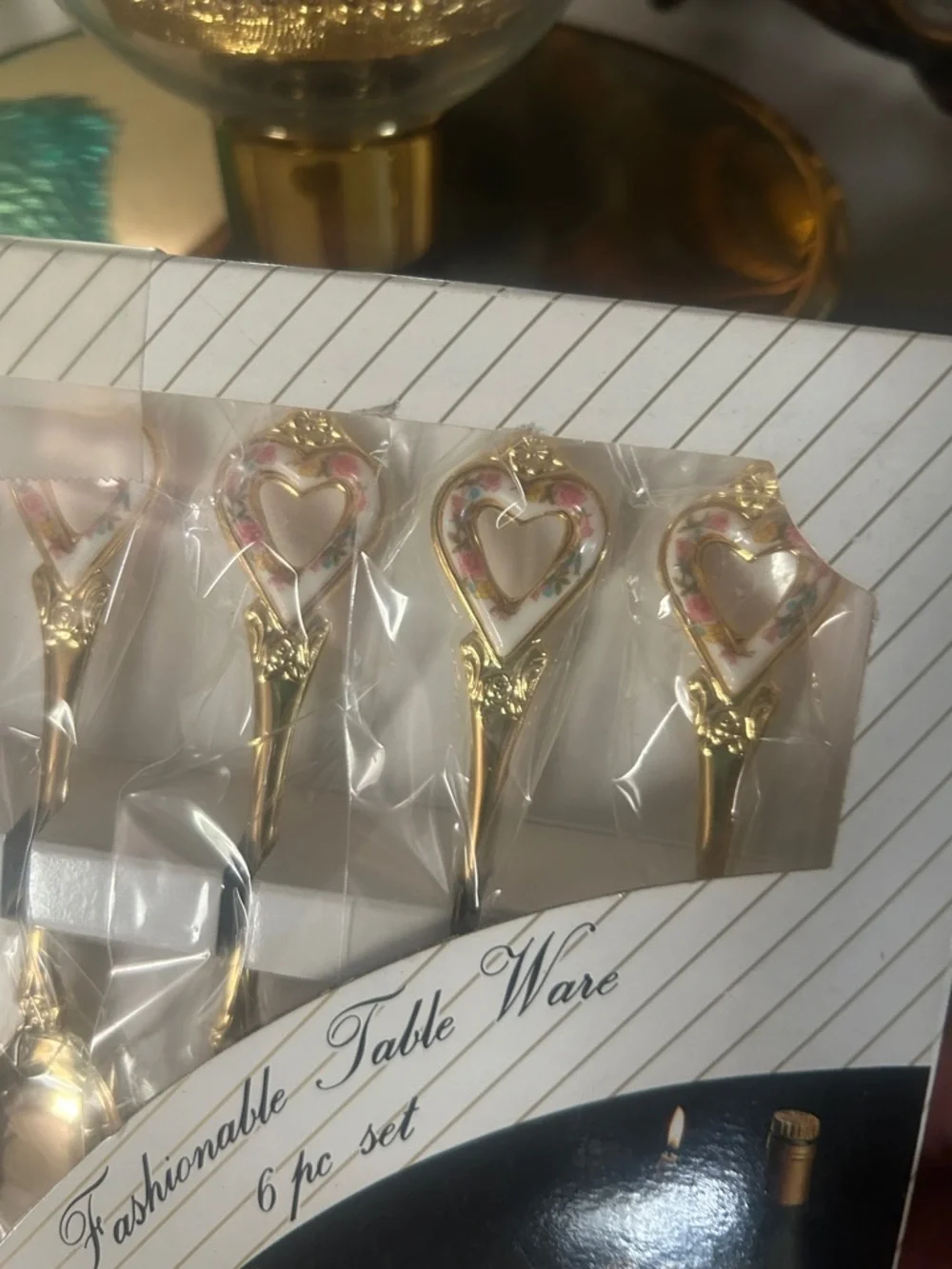Vintage Gold Heart-Handle Dessert Spoon Set (6)